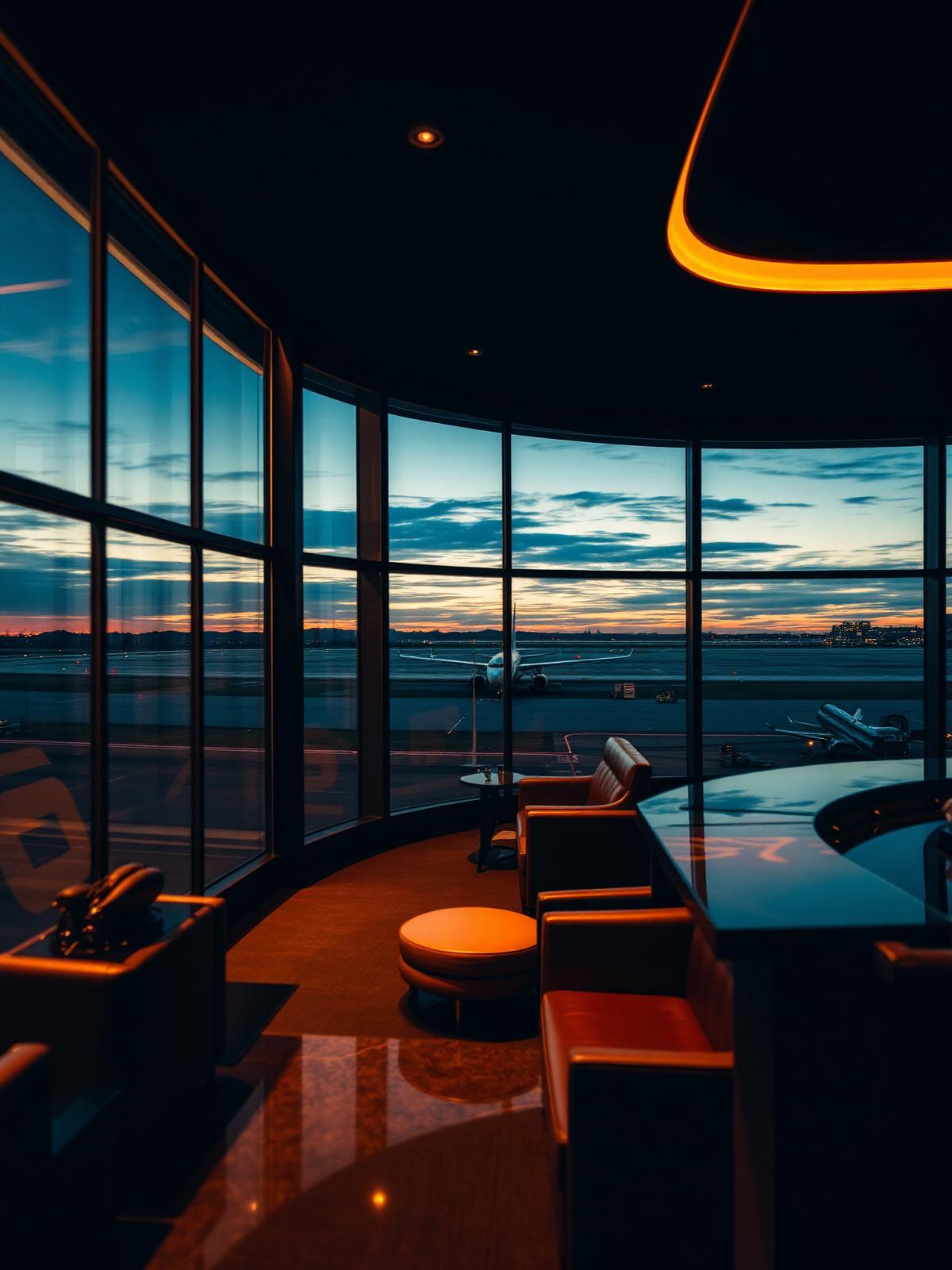 Luxury airport lounge at dusk
